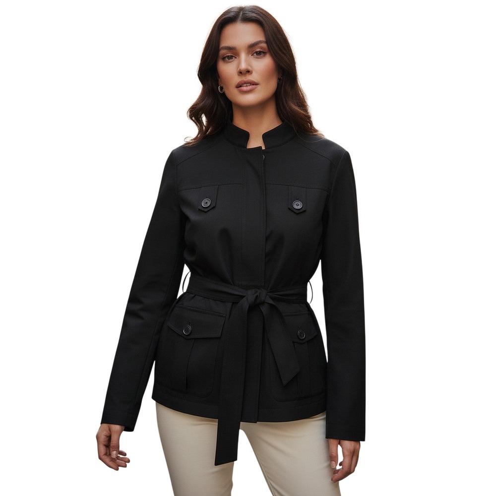 Anne Klein Collection Belted Safari Blazer Black Rayn Cotton Jacket Women 8 NWOT